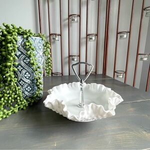 Vtg White Hobnail Milk Glass Ruffle Edge Bonbon Candy Dish Bowl Silver Handle